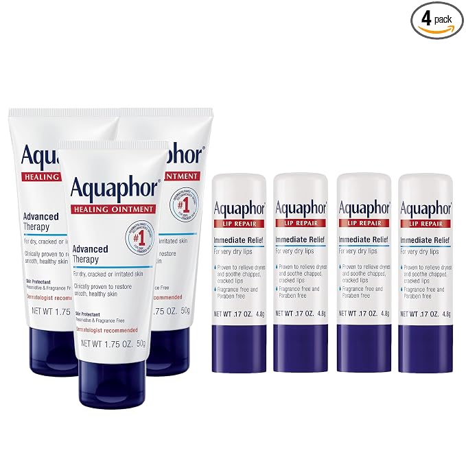 Aquaphor Skin Care Set, Healing Ointment & Lip Repair Sticks, Multi-Purpose Moisturizer for Dry Skin & Chapped Lips, 3x1.75 Oz Tube + 4x0.17 Oz Stick