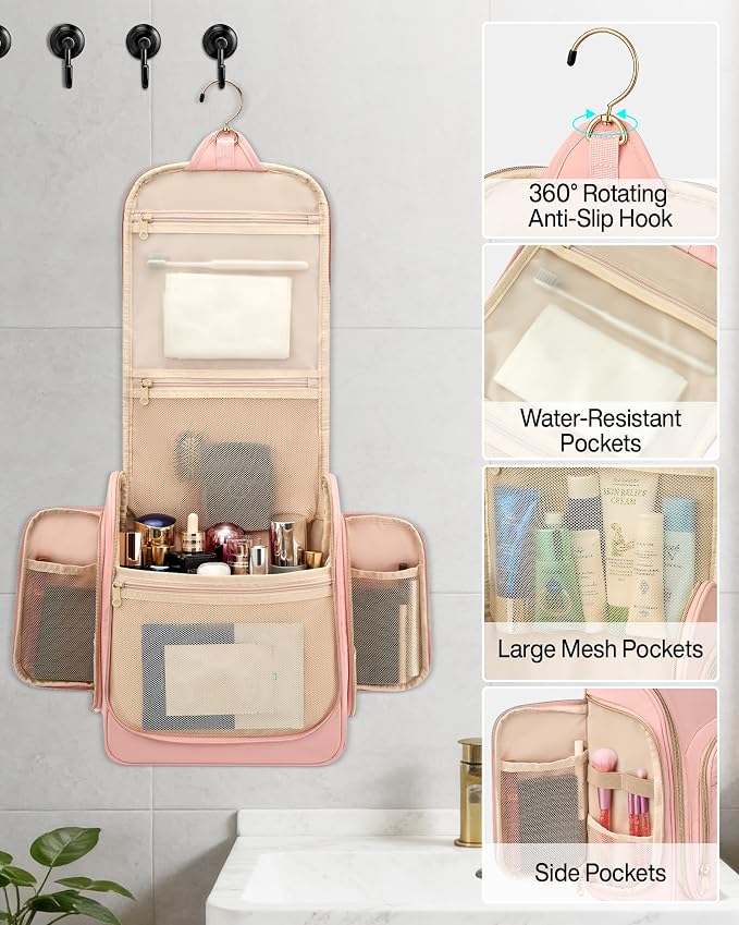 Hanke Hanging Travel Toiletry Bag for Men and Women, Water-Resistant Toiletries Bag Makeup Organizer with Hook, Cosmetic Bag for Bathroom & Travel Essentials Accessories, Pink