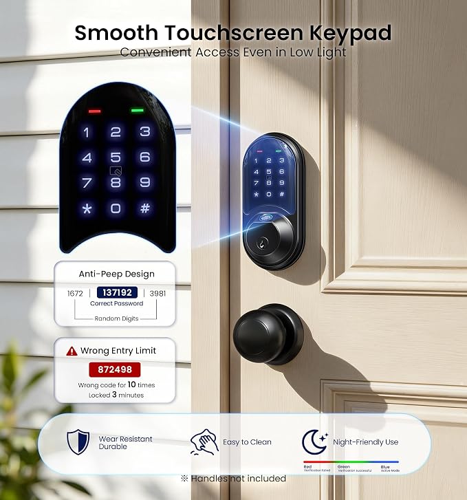 Veise RZ07 Fingerprint Smart Lock, 7-in-1 Smart Locks for Front Door, Keyless Entry Door Lock with App Control & Auto-Lock, Biometric Electronic Touchscreen Keypad Deadbolt, Matte Black