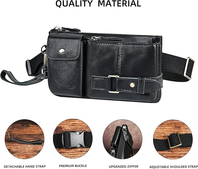 Water Resistant Canvas + Leather Hiking Riding Travel Fanny Waist Pack Small Phone Pouch For Men Women FB811-29 (100% Leather-The 8135 Black)