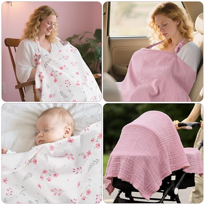2 Pack Muslin Nursing Cover for Breastfeeding, 100% Cotton Soft Privacy Nursing Covers Apron Breastfeeding Cover with Arch Neckline for Women New Mom, Multi-use Breastfeeding Essentials