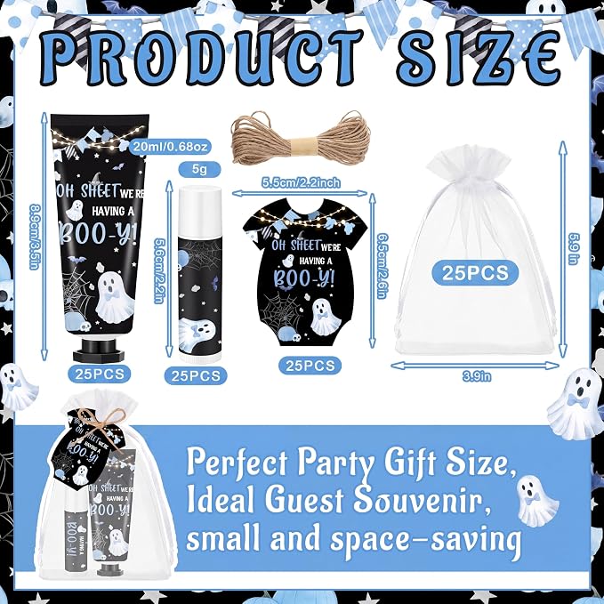 Batiyeer 25 Sets/100 Pcs Halloween Baby Shower Favors Oh Sheet We're Having a Boo-y Travel Size Hand Cream and Lip Balm Sets for Pregnancy Celebration Gender Reveal Party Supplies