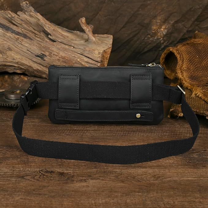 Water Resistant Canvas + Leather Hiking Riding Travel Fanny Waist Pack Small Phone Pouch For Men Women FB811-29 (100% Leather-Thick Black)