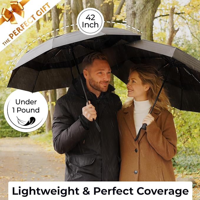 TUMELLA Strongest Windproof Travel Umbrella (Compact, 100MPH Wind-Tested), Light, Portable, One-Handed Use, Automatic Folding Rain Umbrella, Durable, Premium Grip, Fits Car & Backpack