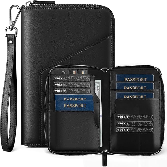VULKIT Family Passport Holder for 4 Passports - RFID Blocking Travel Wallet Holds Up to 5, Organizer with 4 Slots for Cards & SIM, Secure Zipper Closure, Family Travel Essentials (Black)