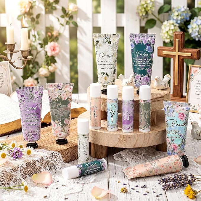 Loopeer 6 Sets Graduation Christian Hand Cream and Lip Balm Gift Set Christian Gift Bulk for Women Mothers Day Gifts for Church Travel Size Hand Lotion Bible Verse Lip Balm Bulk for Bridal Mom