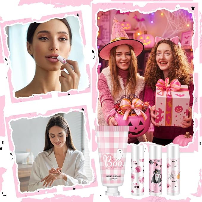 144 Pcs Halloween Lip Balms Hand Cream Sets Pink Supplies Including 36 Ghost Lip Balm and Moisturizing Hand Cream 36 Organza Bags Cards and Ropes for Team Accessories Party Thank You Gifts