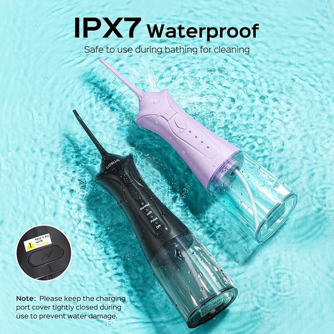 COSLUS Water Dental Flosser Pick for Teeth C30(FC5360): 4 Modes Cordless Portable 300ML Larger Tank Water Teeth Cleaner IPX7 Flossing Cleaning Picks for Home Travel Black & Purple 2pcs Portable Set