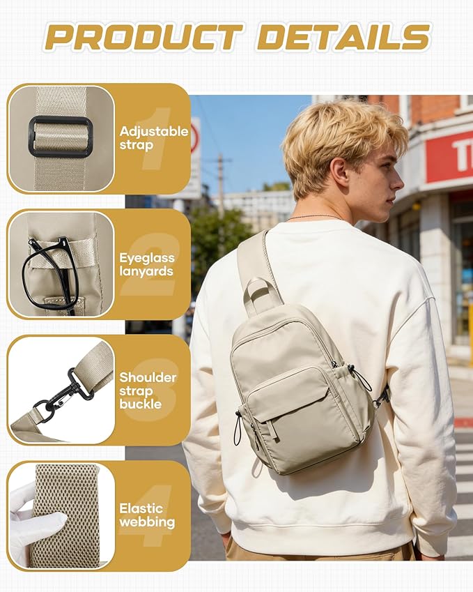 SEAFEW Khaki Small Sling Bag for Men Women, Mini Anti Theft One Strap Motorcycle Backpack, Sling Chest Bag Fanny Back Pack for Casual Travel Hiking Sport Gym