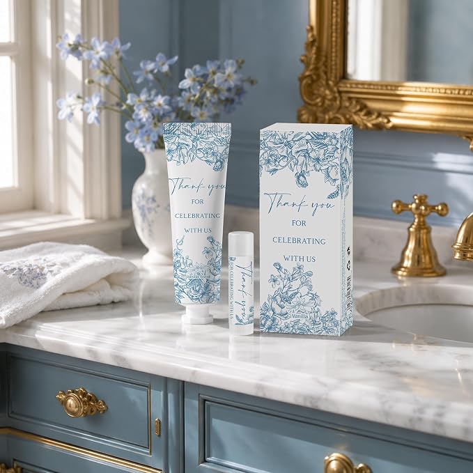 30 Sets Moisturizing Hand Cream Lotion Lip Balm Kit Bulk for Wedding Thank You Welcome Gifts Something Blue Floral Theme Birthday Shower with Boxes Rustic Vintage Aesthetic Wedding