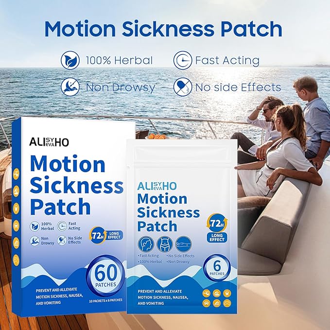 Motion Sickness Patches 60ct – Non-Drowsy Sea Sickness Patches for Cruise, Car, Airplane & Travel – 72H Long-Lasting Travel Essentials for Adults & Kids