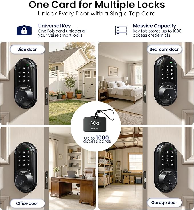Veise RZ07 Fingerprint Smart Lock, 7-in-1 Smart Locks for Front Door, Keyless Entry Door Lock with App Control & Auto-Lock, Biometric Electronic Touchscreen Keypad Deadbolt, Matte Black