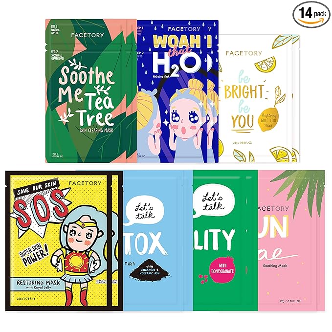 FACETORY K Beauty Face Mask Skin Care - BEST OF 7 COLLECTION Sheet Mask Set (14 pc) | Natural Premium Korean Face Mask For All Skin Types - No Sulfates No Parabens