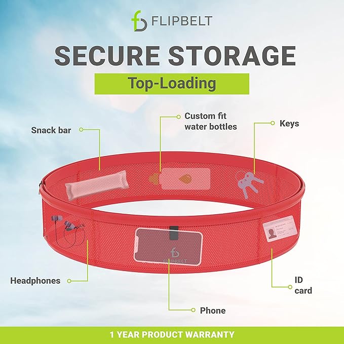FlipBelt Lightweight Running Air Belt, Fitness and Running Fanny Pack for Women and Men, Non Chafing Waist Band Pack for Phone, Keys, Money, Moisture Wicking Storage Belt, USA Company Neon Punch