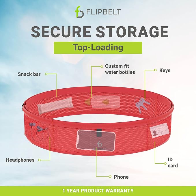 FlipBelt Lightweight Running Air Belt, Fitness and Running Fanny Pack for Women and Men, Non Chafing Waist Band Pack for Phone, Keys, Money, Moisture Wicking Storage Belt, USA Company Neon Punch