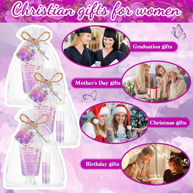 24 Sets Christian Graduation Gifts Hand Cream and Lip Balm Bulk Teacher Appreciation Gifts Bible Verse Thank You Cards with Organza Bag for Graduation Supplies(Cross)