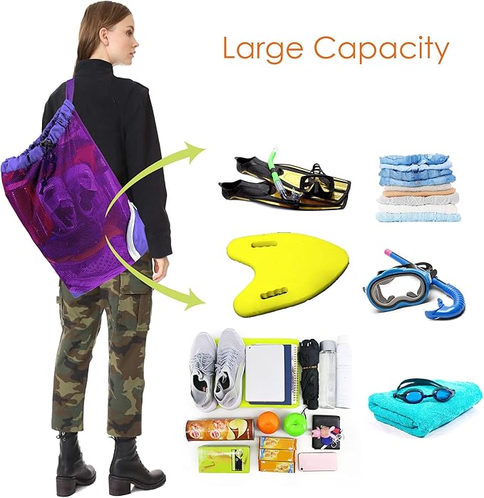 BeeGreen Mesh Drawstring Bag Swim Backpack for Beach Pool Sports Gym Draw String Cinch Bags for Swimming Soccer Basketball Gear Purple