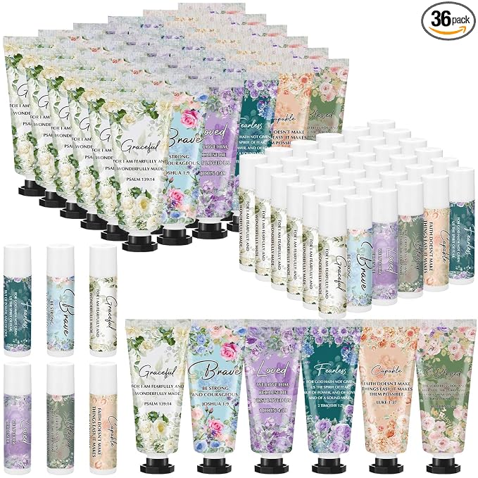 Loopeer 36 Sets Graduation Christian Hand Cream and Lip Balm Gift Set Christian Gift Bulk for Women Mothers Day Gifts for Church Travel Size Hand Lotion Bible Verse Lip Balm Bulk for Bridal Mom