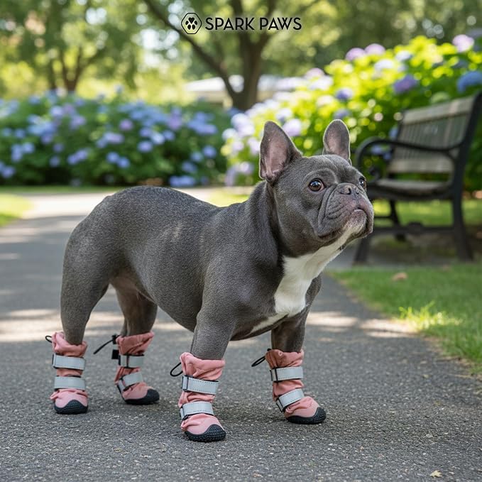 Spark Paws Dog Rainboots, Waterproof Dog Shoes for Medium to Large Dogs, Non Slip, Dog Booties and Paw Protectors - 4PCS Doggie Hiking Boots with Reflective Straps - Pink, Size 1