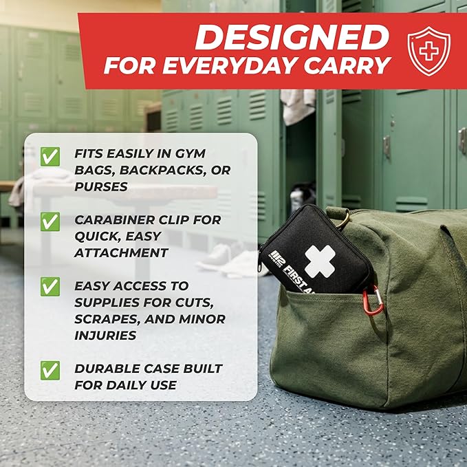 M2 BASICS Compact First Aid Kit, 150 Pieces, Portable Emergency Kit with Carry Bag and Carabiner for Travel, Car, Hiking, Purse