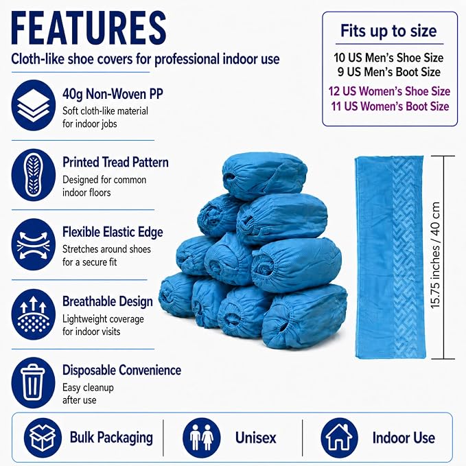 Innovative Haus Blue Indoor Disposable Shoe Covers - Disposable Non Slip Boot Covers - Indoor Reusable Booties - Treads - Water Resistant - 100 Pack, Large