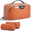 Travel Makeup Bag for Women: 3-in-1 Large Capacity Cosmetics Organizer with 2 Detachable Pouch - Vegan Leather Flat Open Toiletry Bag - Travel Essentials for Full-Sized Bottles(Orange)