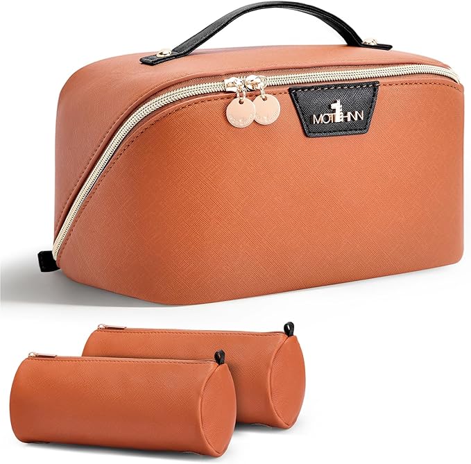 Travel Makeup Bag for Women: 3-in-1 Large Capacity Cosmetics Organizer with 2 Detachable Pouch - Vegan Leather Flat Open Toiletry Bag - Travel Essentials for Full-Sized Bottles(Orange)
