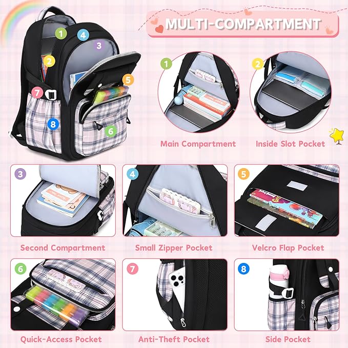MUSEVOS Girls Backpack with Lunch Bag, Elementary Middle School Backpack, Large Capacity Kids Bookbag 3 Pcs Set