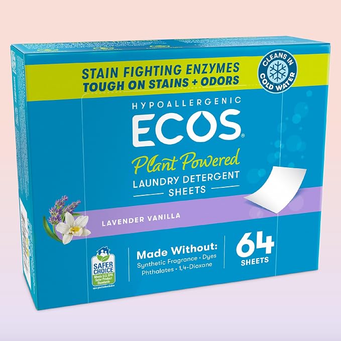 ECOS Laundry Detergent Sheets Vegan, No Plastic Jug, No Mess, Liquid Free - Hypoallergenic, Plant Powered Laundry Detergent Sheet - Lavender Vanilla - 64 Count (Pack of 4)