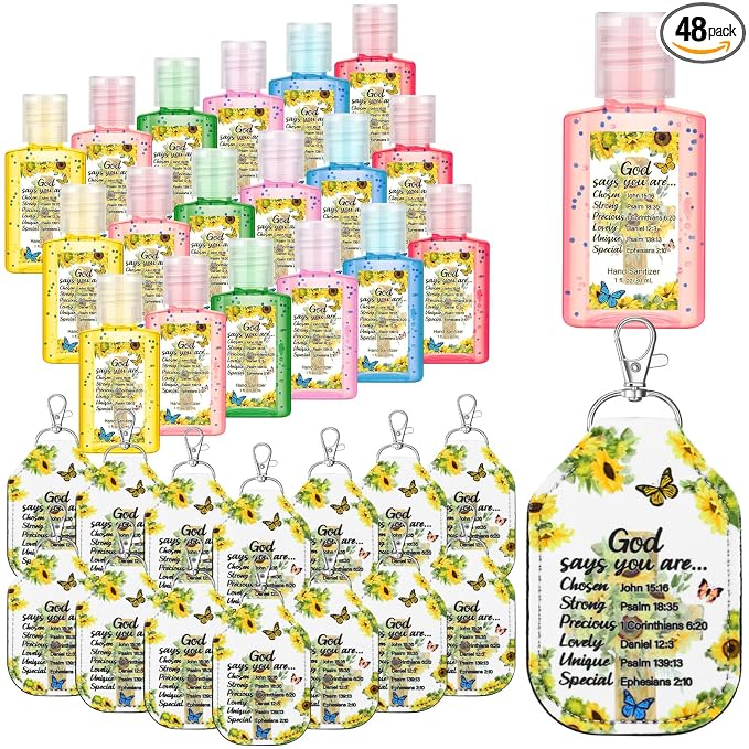 Frienda 24 Pcs Christian Scented Hand Sanitizer with 24 Keychain Holders Gift Set for Women, 1oz Bible Verse Religious Gifts, Mother's Day Appreciation Gifts for Church Favors