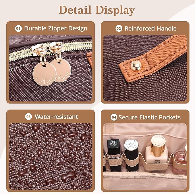 Travel Makeup Bag for Women: 3-in-1 Large Capacity Cosmetics Organizer with 2 Detachable Pouch - Vegan Leather Flat Open Toiletry Bag - Travel Essentials for Full-Sized Bottles(Coffee)