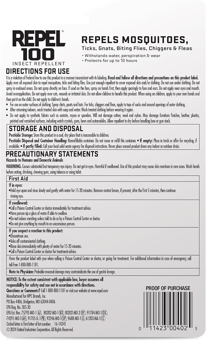 Repel 100 Insect Repellent, 1 Ounce, With DEET, 10-Hour Protection Long-Lasting Insect Repellent Travel Pump Spray Repels Mosquitoes, Ticks, Gnats, Biting Flies, Chiggers And Fleas, 6 Pack