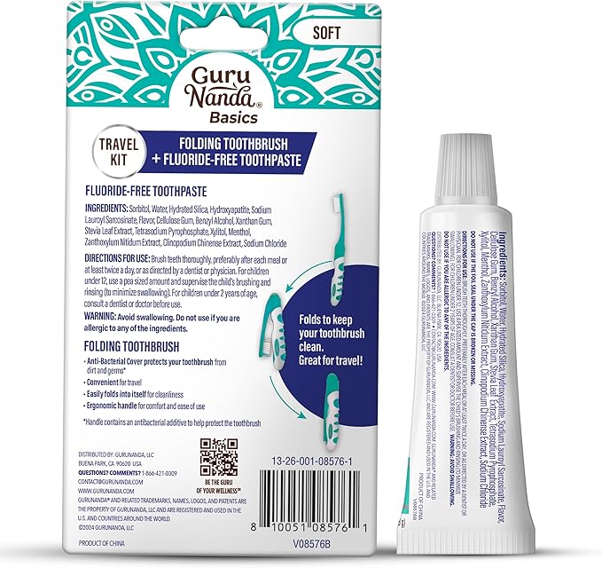 GuruNanda Folding Toothbrush with Built-in Cover & Toothpaste with Hydroxyapatite, Perfect for Travel, Compact & Portable, On-The-go - Soft Bristles & Ergonomic Handle, for Adults & Kids (1 Count)