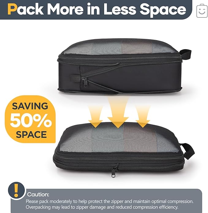 Veken 6/9/11 Set Compression Packing Cubes for Travel Essentials,Compressible Expandable Large Luggage Suitcase Organizer Bags for Clothing,Durable Space Saver Storage Bags(Black)