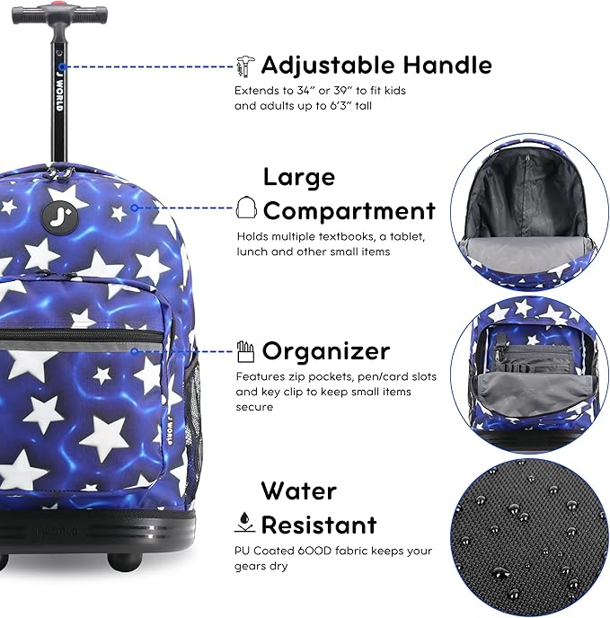 J World Sunrise Kids Rolling Backpack for Girls Boys. Roller Bookbag With Wheels For School, Puffy Star