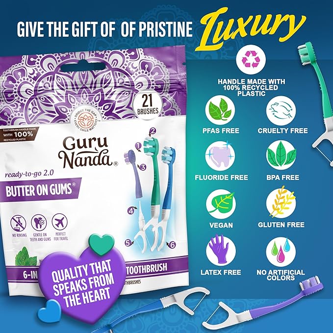 GuruNanda 6-in-1 Ready-to-Go Disposable Toothbrush, Pre-Pasted Butter on Gums Softex Bristles, Floss & Toothpick, Tongue & Cheek Cleaner, Individually Wrapped & TSA Friendly, 21 Ct