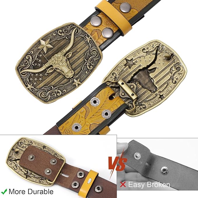 SANSTHS Western Cowboy Belts for Men Women, Mens Western Belt Bull Buckle Country Belt Cowboy Leather Belt for Jeans