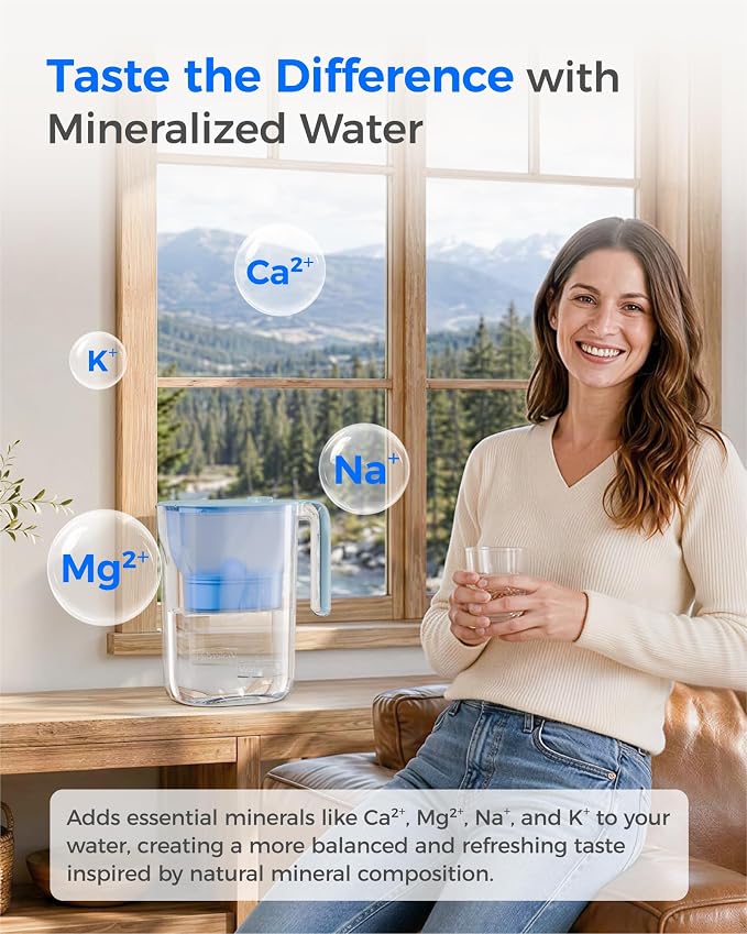 Waterdrop PT-05B-AL Alkaline Water Filter Pitcher, 7-Cup, Mineralized Alkaline Water, Healthy, Clean & Toxin-Free, Up to 100 Gallons, Up to pH 9.5, BPA-Free, for Fridge, Countertop & Gift, Blue