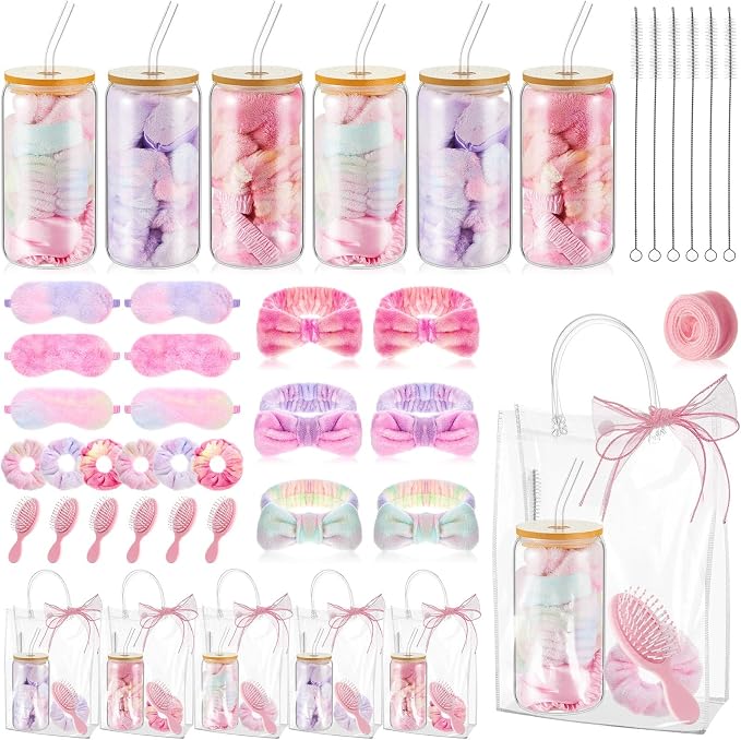 37 Pcs Spa Sleepover Party Supplies for Girls, 6 Set Pink Tie Dye Spa Party Favors, Include Cups, Hairbands, Eye Mask, Headband, Brush, Tote Bags with Ribbon for Sleepover Birthday Favors