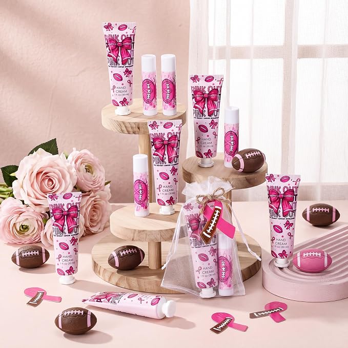 24 Sets Pink out Football Breast Cancer Awareness Favors Breast Cancer Awareness Gift Football Sports Themed Hand Cream Lip Balm Gift for Women Pins Pink Ribbon Travel Size Hand Lotion Lip Balm