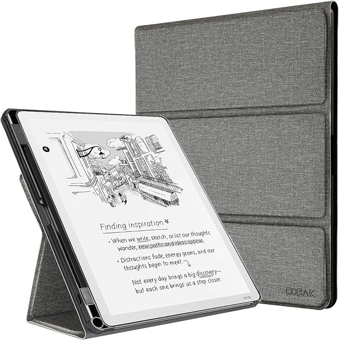 CoBak Case for 11" Kindle Scribe 3rd Generation 2025, Kindle Scribe Colorsoft with Two Viewing Angles - All New PU Leather Cover with Auto Sleep Wake, Pen Holder. Fabric Gray