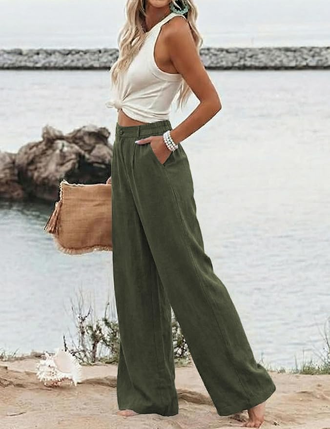 Hooever Womens Cotton Linen Pants Casual Button Up High Waisted Wide Leg Trousers