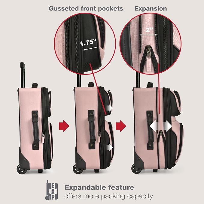 U.S. Traveler Rio Lightweight Softside Rolling Carry-on Suitcase, 2-Wheel Single, Pink