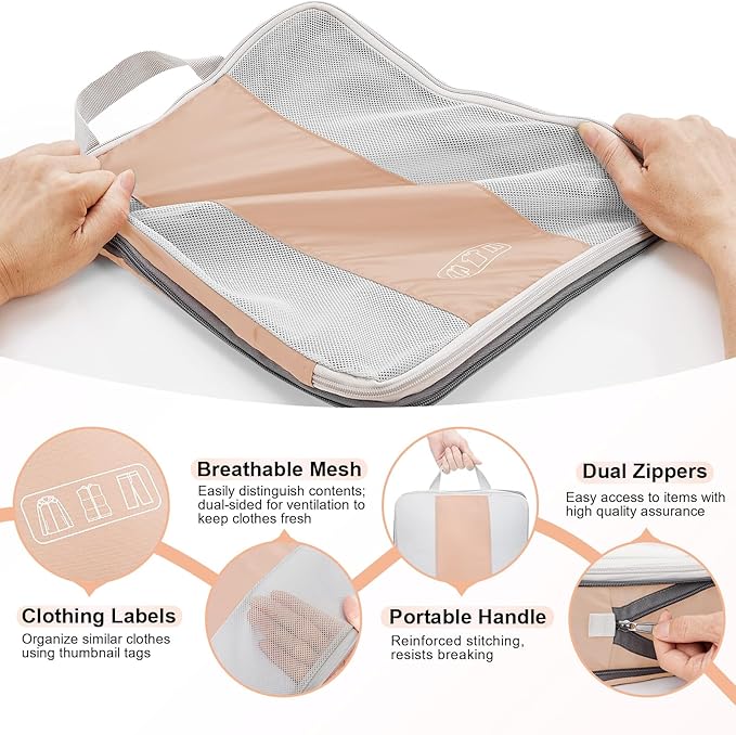 10 Set Compression Packing Cubes for Travel Essentials,Compressible Expandable Packing Cubes for Suitcase,OlarHike Luggage Garment Bags for Travel,Handy Helper for Organizing Clothes(Gold)