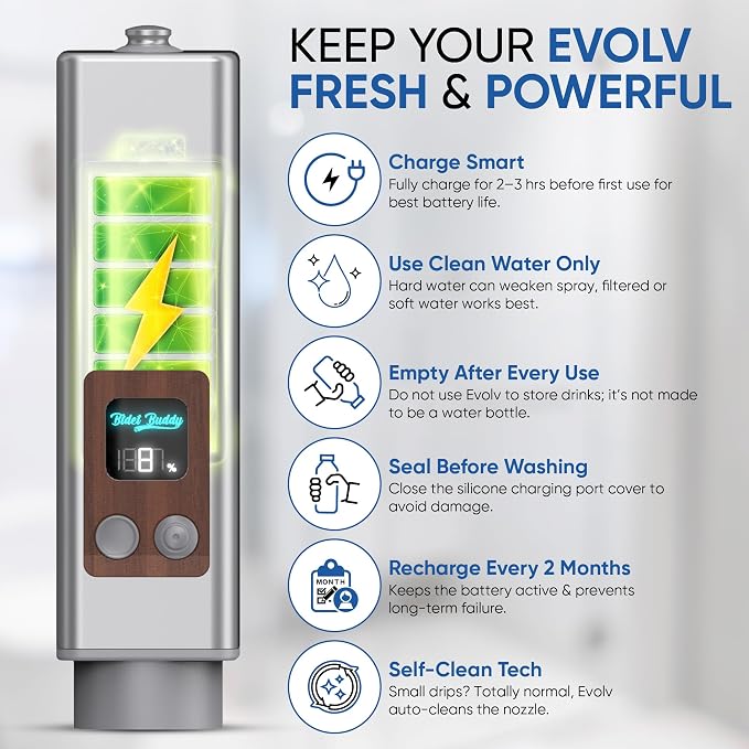BIDET BUDDY® Evolv Portable Bidet for Travel – 530ml Bottle, Self-Cleaning Retractable Nozzle, 1100mAh Rechargeable, USB C Charging, IPX7 Waterproof with LED Display, 3 Water Flow Modes - Silver
