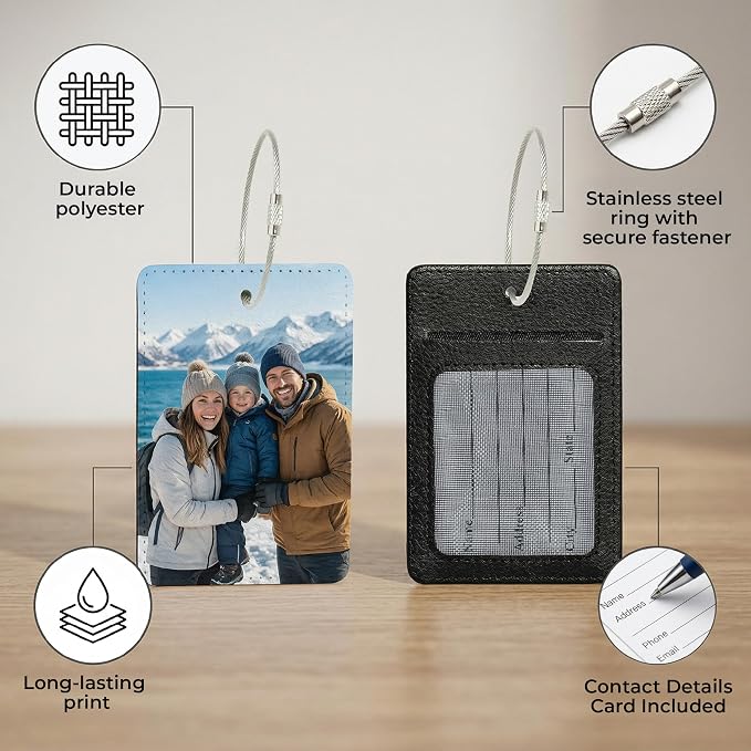 Personalized Suitcase Tags, Custom Luggage Tag with Photo or Name, Address Card Included, Polyester 2.75 x 4.13 in, for Family Vacations, Airport Travel, Carry-on Luggage and Weekend Getaways
