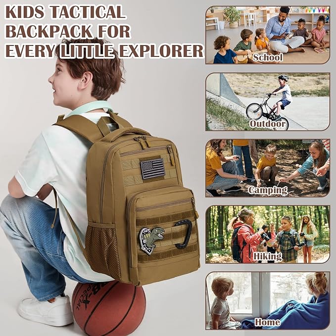 Kids Tactical Backpack Army Molle Bookbag Military Boys Backpack for School, Outdoor, Camping, Brown
