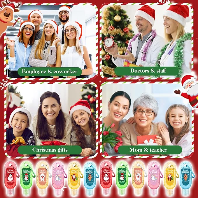 24 Packs Christmas Hand Sanitizers Keychains Gifts Travel Size Mini Hand Sanitizer Gel Bulk with Keychains 1oz Christmas Party Favors Treat Goodie Bags Stocking Stuffers Gift Homeless Supplies