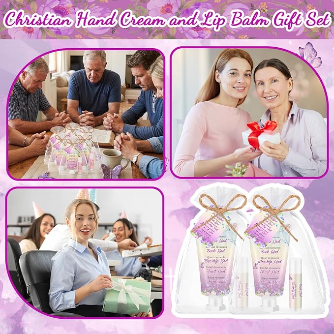 24 Sets Christian Graduation Gifts Hand Cream and Lip Balm Bulk Teacher Appreciation Gifts Bible Verse Thank You Cards with Organza Bag for Graduation Supplies(Flower)