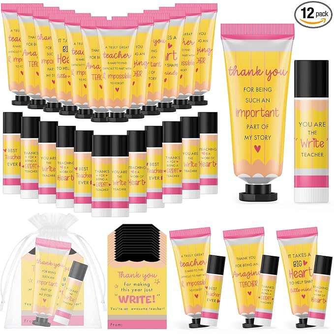 12 Set Teacher Appreciation Gifts for Women Include Hand Cream Lip Balm Bulk Organza Bags Cards Thank You Teacher Gifts for Graduation Back to School First of School End of Year Party Favors